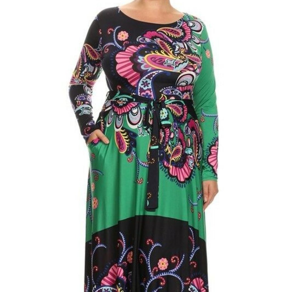 Mernah Green Floral Flare Flowing Silhouette Casual Maxi Plus Size Dress